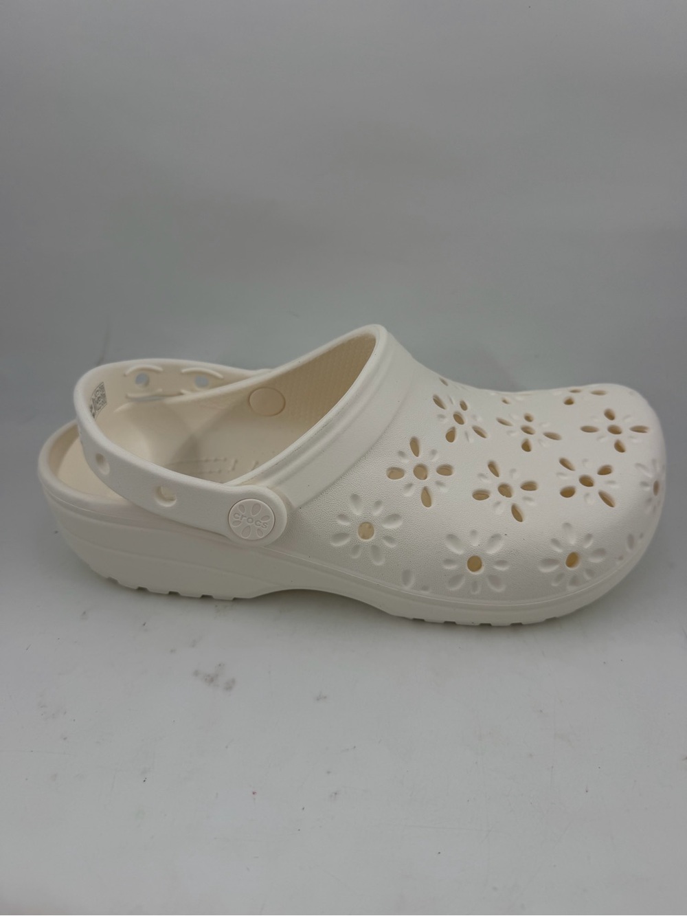 Crocs Unisex Classic Floral Cut-Out -SZ 8- White Comfort Casual Clogs Mules Shoe